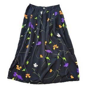 VTG Maren Floral Maxi Skirt M Black Pleated High Waist USA Poppies Garden Whimsy